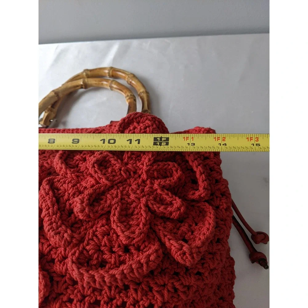 Patricia Nash Red Crochet Floral Satchel Bag Bamboo Handles Boho Handbag